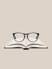 Poster - A black and white illustration of an open book with a pair of eyeglasses resting on it. The background is a simple light gray. Generative AI