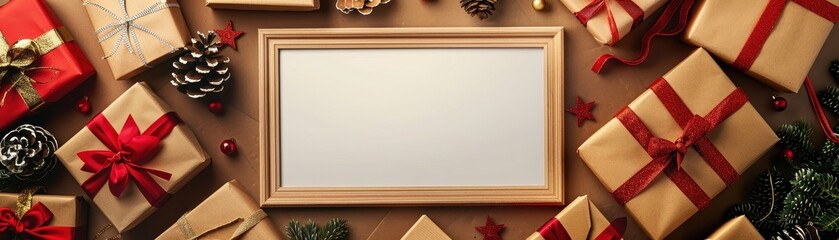 Poster - Wood frame corner peeking out from gift wrapping paper, empty canvas inside
