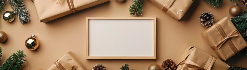 Poster - Wood frame corner peeking out from gift wrapping paper, empty canvas inside