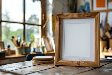 Wall Mural - Multi-aperture wooden frame with several empty white spaces, displayed on desk