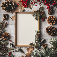 Christmas and New Year holidays flat lay mockup with blank frame, cones, pine tree branch. Festive composition on white background, top view with free space.
