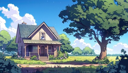 Wall Mural - A small house with a porch and a tree in front of it, anime style