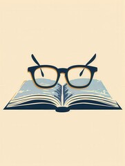 Aufkleber - An open book rests on a minimalist background, with a pair of eyeglasses resting on top of it. Generative AI