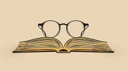 Aufkleber - A minimalist illustration of an open book with eyeglasses resting on top. Generative AI