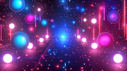 Wall Mural - Vibrant Neon Cosmic Spheres on Digital Grid Background