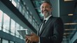 © vefimov - Man in suit holding a tablet, smiling confidently. Concept of modern business and technology.