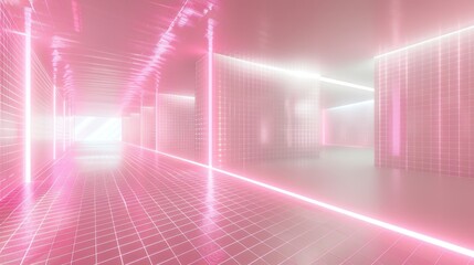 Wall Mural - Innovative network grid, pristine white stage, luminescent pink meshes, dynamic touchpoints, sleek and progressive.