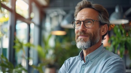 Sticker - The Wise Entrepreneur: A contemplative senior businessman with a distinguished grey beard and glasses ponders his next move in a modern, plant-filled cafe. 