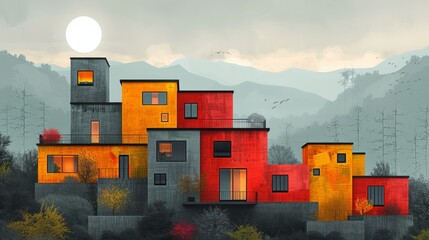 Wall Mural - Vibrant Abstract Home Architecture: Modern Flat Design Illustration with Colorful Elements