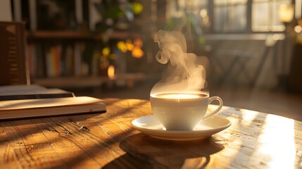 Steam and Cup: Steam rising from an invisible coffee cup, placed on a wooden café table with a book beside it.
