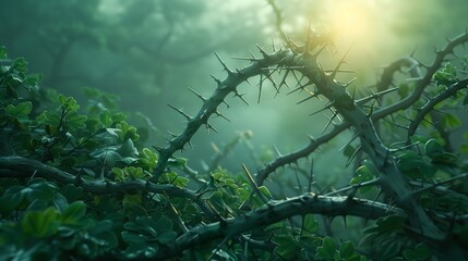 Poster - lush closeup of dense sylvan green forest dripping with intensity and dynamic intense lighting at sunset