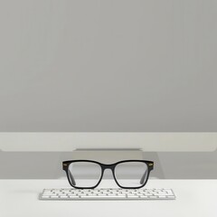 Aufkleber - A pair of black eyeglasses rests on a white computer keyboard, in front of a white computer monitor. Generative AI