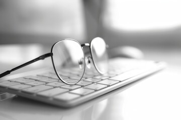 Aufkleber - Eyeglasses sit on a white keyboard, suggesting a moment of pause during work. Generative AI