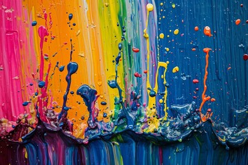 Poster - This photo showcases a vibrant and lively painting filled with a plethora of different colors, creating a visually striking composition, Droplets of vibrant paint splashed onto a canvas, AI Generated