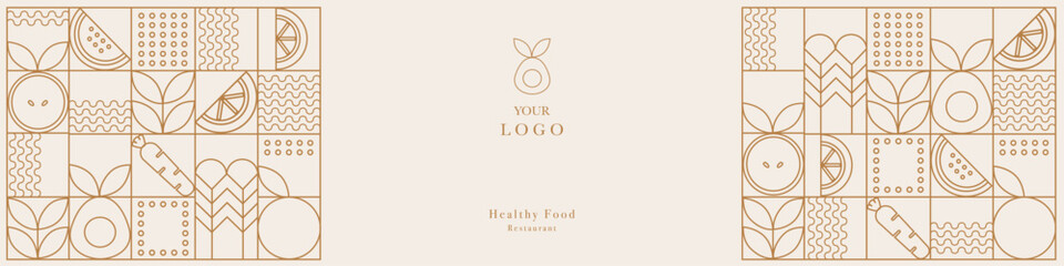 Line geometric mosaic seamless pattern illustration. Organic fruit vegetable geometric pattern. Natural food background creative simple bauhaus style, agriculture vector design. Healthy Food pattern