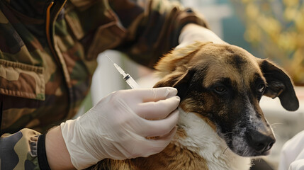 Poster - Vaccination of the dog against rabies, the vet doctor applying anti rabies injection, veterinary concept