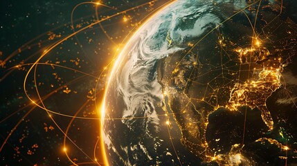 Poster - A digital rendering of a planet with a glowing surface, illuminated by a web of yellow lines connecting various cities around the globe
