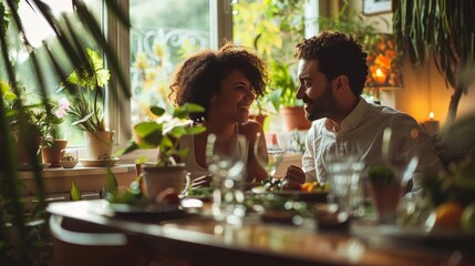 A couple sharing a romantic dinner at home