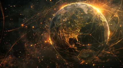 Poster - A digital rendering of a planet with a glowing surface, illuminated by a web of yellow lines connecting various cities around the globe