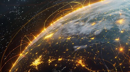 Poster - A digital rendering of a planet with a glowing surface, illuminated by a web of yellow lines connecting various cities around the globe