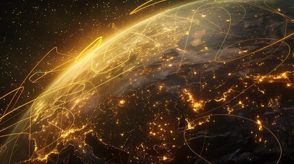 Poster - A digital rendering of a planet with a glowing surface, illuminated by a web of yellow lines connecting various cities around the globe