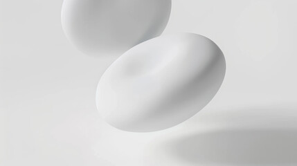 all white round floating object, irregular shape with rounded matte texture, artistic design, blurred foreground, white empty space
