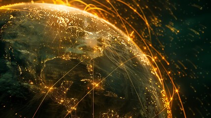 Wall Mural - A digital rendering of a planet with a glowing surface, illuminated by a web of yellow lines connecting various cities around the globe