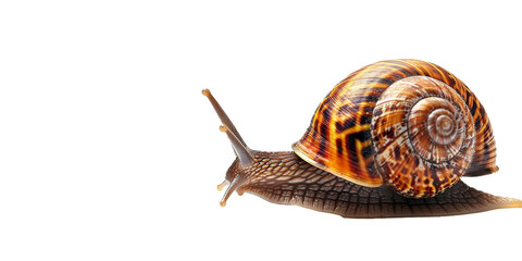 A small brown and tan snail is crawling across a white background