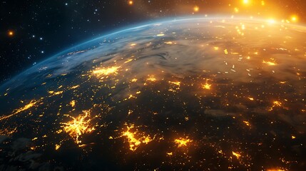 Poster - A futuristic visualization of a glowing planet with bright yellow pathways connecting different metropolitan regions, symbolizing global unity