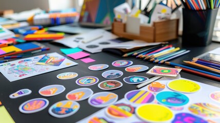 Fototapete - Designer creating vibrant stickers at a colorful desk, filled with art supplies in a creative workplace