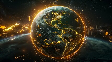 Poster - A futuristic visualization of a glowing planet with bright yellow pathways connecting different metropolitan regions, symbolizing global unity