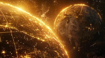 Poster - A glowing planet featuring a radiant yellow grid of lines that represent the communication and connection between cities worldwide