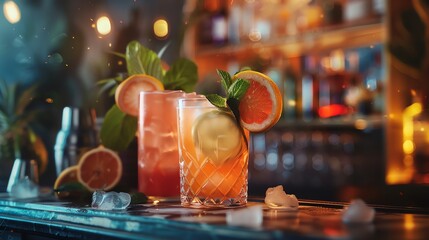 Two cocktails with citrus and mint on a bar counter.