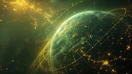 Poster - A glowing planet featuring a radiant yellow grid of lines that represent the communication and connection between cities worldwide