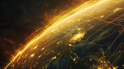 Poster - A glowing planet featuring a radiant yellow grid of lines that represent the communication and connection between cities worldwide