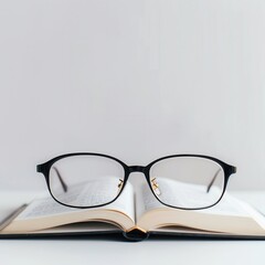 Aufkleber - Black eyeglasses rest on an open book against a white background. Generative AI