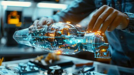 Aufkleber - Engineer working on a holographic model of a futuristic machine. High-tech engineering and innovation