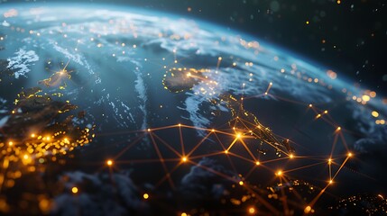 Poster - A vibrant image of a planet in space, highlighted by bright yellow networks linking major urban areas, showcasing global connectivity