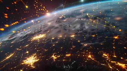 Poster - A vibrant image of a planet in space, highlighted by bright yellow networks linking major urban areas, showcasing global connectivity