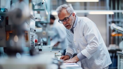 Poster - Engineer in a white lab coat working on a high-tech machine in a laboratory. Advanced engineering and technological innovation concept.