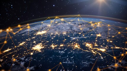 Poster - An artistic depiction of Earth with a luminous yellow network, illustrating interconnected cities and international connections