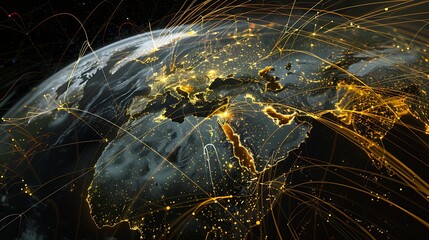 Poster - An artistic depiction of Earth with a luminous yellow network, illustrating interconnected cities and international connections