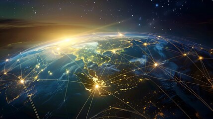 Poster - An artistic depiction of Earth with a luminous yellow network, illustrating interconnected cities and international connections