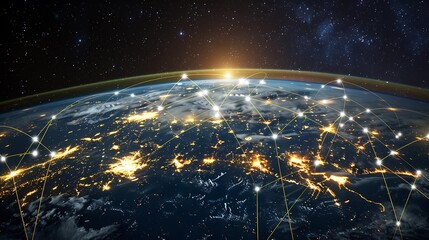 Poster - An artistic depiction of Earth with a luminous yellow network, illustrating interconnected cities and international connections