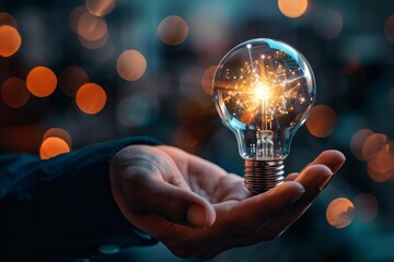 Poster - close up of businessman holding light bulb with connections glowing inside, concept of new ideas