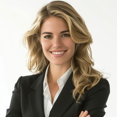 blonde woman in a formal suit, captured in a professional portrait, smiling confidently with a polished and professional appearance