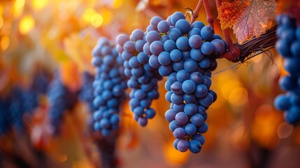 clusters of ripe grapes hang from their vines, bathed in golden sunlight, perfectly capturing the es