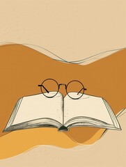 Aufkleber - An open book rests on a minimalist background of curved lines, with a pair of eyeglasses resting on top of it. Generative AI