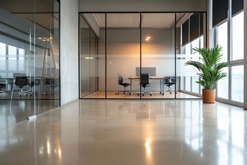 Poster - A minimalist office space featuring a solitary potted plant positioned in the center, surrounded by empty desks and chairs, Empty business office with minimalistic furniture, AI Generated
