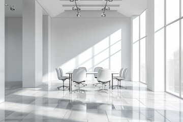 Poster - A spacious conference room with a long table and multiple chairs, ready for a meeting or presentation, Empty business office with minimalistic furniture, AI Generated